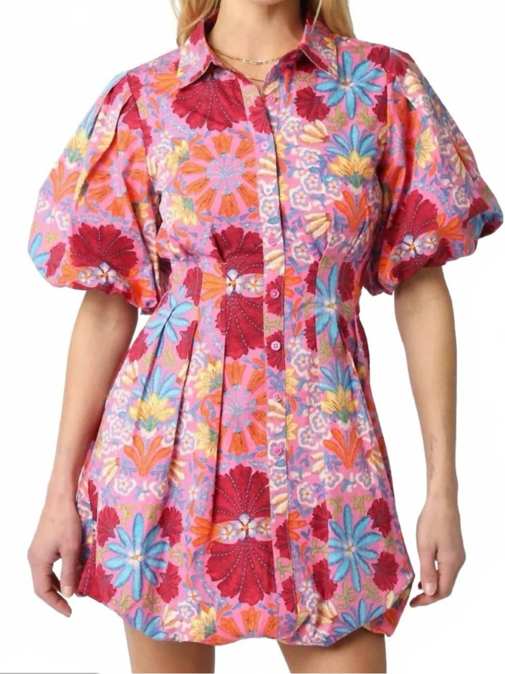 Floral Puff-Sleeve Button-Front Mini Dress in Pink - 100% Cotton